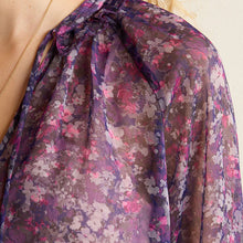 Load image into Gallery viewer, Purple Floral Long Sleeve V-Neck Sheer Blouse with Lace Trim Detail
