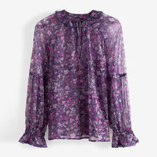 Load image into Gallery viewer, Purple Floral Long Sleeve V-Neck Sheer Blouse with Lace Trim Detail
