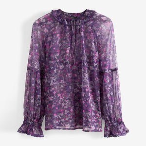 Purple Floral Long Sleeve V-Neck Sheer Blouse with Lace Trim Detail