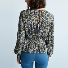 Load image into Gallery viewer, Blue Floral Long Sleeve Waisted Top
