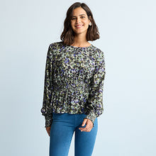 Load image into Gallery viewer, Blue Floral Long Sleeve Waisted Top
