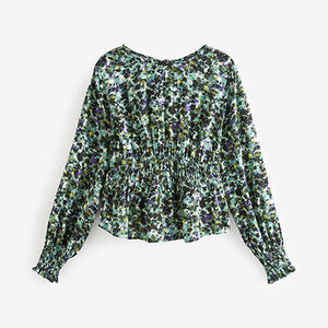 Blue Floral Long Sleeve Waisted Top