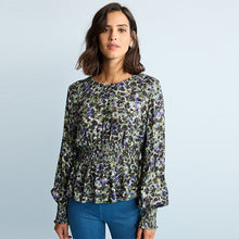 Load image into Gallery viewer, Blue Floral Long Sleeve Waisted Top
