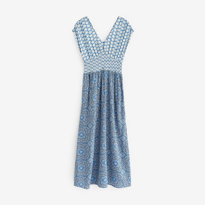 Blue Tile Print Shirred Waist V-Neck Sleeveless Maxi Dress