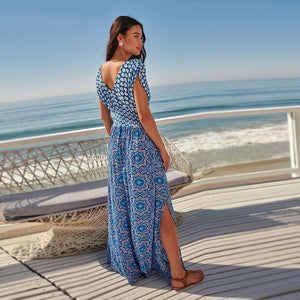 Blue Tile Print Shirred Waist V-Neck Sleeveless Maxi Dress