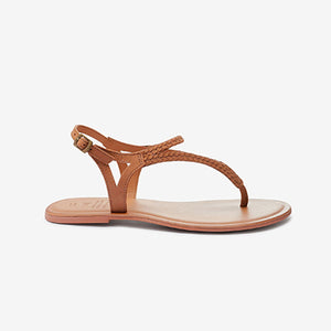 Tan Brown Forever Comfort® Leather Plait Toe Post Flat Sandals