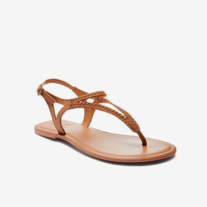 Tan Brown Forever Comfort® Leather Plait Toe Post Flat Sandals