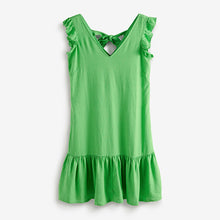 Load image into Gallery viewer, Green Ruffle Sleeve Tie Back Mini Dress With Linen
