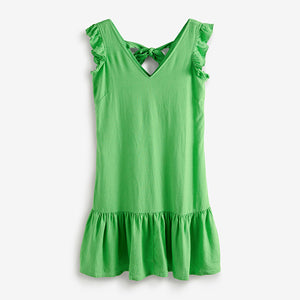 Green Ruffle Sleeve Tie Back Mini Dress With Linen