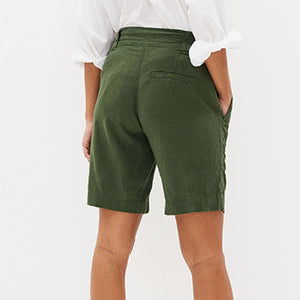 Khaki Green Linen Blend Knee Shorts
