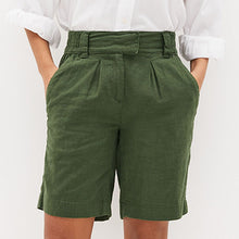 Load image into Gallery viewer, Khaki Green Linen Blend Knee Shorts
