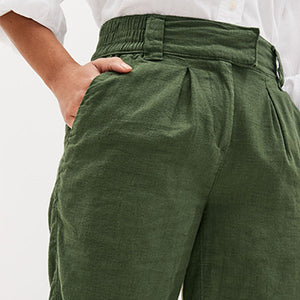 Khaki Green Linen Blend Knee Shorts