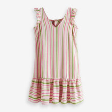 Load image into Gallery viewer, Ecru White Stripe Ruffle Sleeve Tie Back Mini Dress With Linen
