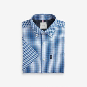 Blue Gingham Regular Fit Short Sleeve Easy Iron Button Down Oxford Shirt