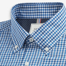 Load image into Gallery viewer, Blue Gingham Regular Fit Short Sleeve Easy Iron Button Down Oxford Shirt
