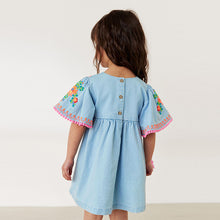 Load image into Gallery viewer, Blue Denim Embroidered Kaftan Dress (3mths-6yrs)
