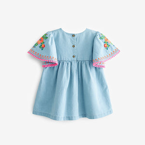 Blue Denim Embroidered Kaftan Dress (3mths-6yrs)