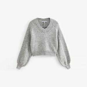 Grey Cropped V-Neck Jumper