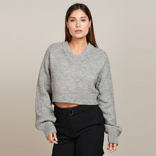 Load image into Gallery viewer, Grey Cropped V-Neck Jumper
