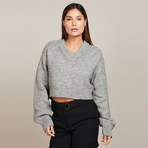 Grey Cropped V-Neck Jumper