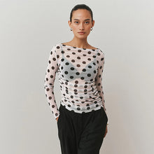 Load image into Gallery viewer, Ecru/Black Polka Dot Ruched Long Sleeved Mesh Top
