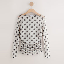 Load image into Gallery viewer, Ecru/Black Polka Dot Ruched Long Sleeved Mesh Top
