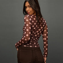 Load image into Gallery viewer, Chocolate Brown/Pink Polka Dot Ruched Long Sleeved Mesh Top
