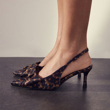 Load image into Gallery viewer, Leopard Satin Forever Comfort® Point Toe Bow Slingback Heels
