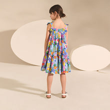 Load image into Gallery viewer, Blue Tropical Bow Strappy Summer Dress (6-10yrs)
