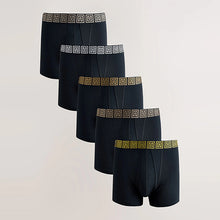 Load image into Gallery viewer, Black Metallic Pattern Waistbands 5 Pack A-Front Cotton Rich Boxers 5 Pack
