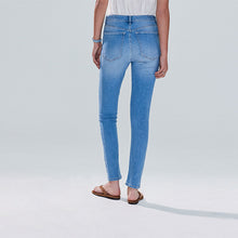 Load image into Gallery viewer, Mid Blue Denim Skinny Silver Button Front Jeans
