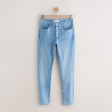 Load image into Gallery viewer, Mid Blue Denim Skinny Silver Button Front Jeans
