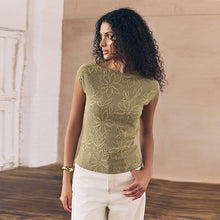 Load image into Gallery viewer, Khaki Green Short Sleeve Cornelli Textured Top
