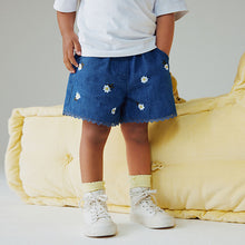 Load image into Gallery viewer, Mid Blue Daisy Embroidered Denim Shorts (9mths-6yrs)
