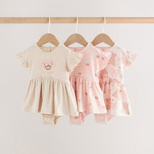 Load image into Gallery viewer, Pink Bear Embroidered Jersey Baby Rompers 3 Pack
