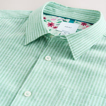 Load image into Gallery viewer, Green Regular Fit Linen Rich Stripe Short Sleeve Trimmed Shirt
