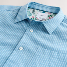 Load image into Gallery viewer, Light Blue Regular Fit Linen Rich Stripe Short Sleeve Trimmed Shirt
