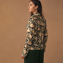 Load image into Gallery viewer, Cream/Green Geometric Print Lyocell Blend Collared V-Neck Shirt
