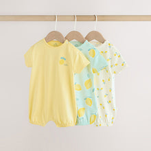 Load image into Gallery viewer, Blue and Yellow Lemon Printed Jersey Baby Rompers 3 Pack
