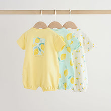 Load image into Gallery viewer, Blue and Yellow Lemon Printed Jersey Baby Rompers 3 Pack
