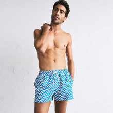 Load image into Gallery viewer, Blue/White Geo Quick Dry 4 Inch Swim Shorts
