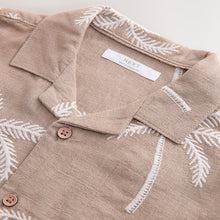 Load image into Gallery viewer, Taupe Brown Palm Embroidery Short Sleeve Revere Collar Shirt (4-12yrs)
