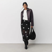 Load image into Gallery viewer, Black/White Polka Dot Mesh Midi Pencil Skirt
