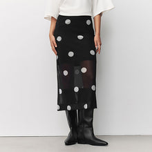 Load image into Gallery viewer, Black/White Polka Dot Mesh Midi Pencil Skirt

