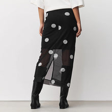 Load image into Gallery viewer, Black/White Polka Dot Mesh Midi Pencil Skirt
