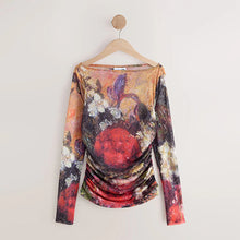 Load image into Gallery viewer, Red Floral Ruched Long Sleeved Mesh Top
