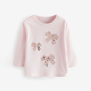 Pink 100% Cotton Long Sleeve Bow Sequin T-Shirt (9mths-6yrs)
