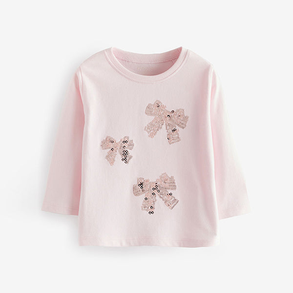 Pink 100% Cotton Long Sleeve Bow Sequin T-Shirt (9mths-6yrs)