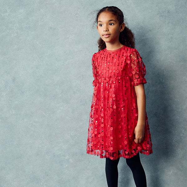 Red Sequin Mesh Flower Party Dress (3-11yrs)