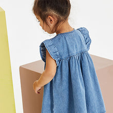 Load image into Gallery viewer, Blue Denim Dinosaur Frill Sleeve Cotton Dress (3mths-6yrs)
